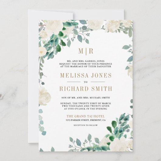 Ivory Floral Sage Green lekt alles in één bruiloft Kaart (Voorkant)