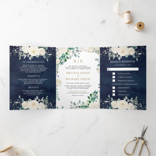 Ivory Floral Sage Green leveert marineblauw huweli Drieluik Uitnodiging (Binnen)