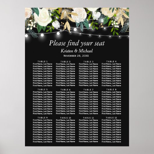 Ivory Floral String Lights Wedding Seating Chart Poster (Voorkant)