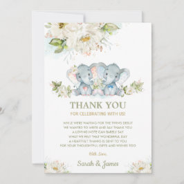 Ivory Floral Twins Boy Girl Elephant Baby shower Bedankkaart
