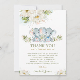Ivory Floral Twins Boy Girl Elephant Baby shower Bedankkaart