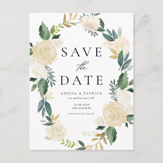 Ivory Floral Wreath QR Code Save the Date Aankondigingskaart (Voorkant)