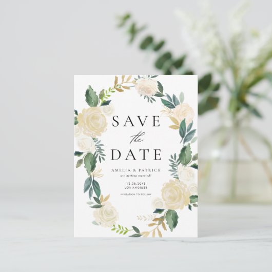 Ivory Floral Wreath QR Code Save the Date Aankondigingskaart (Staand voorkant)
