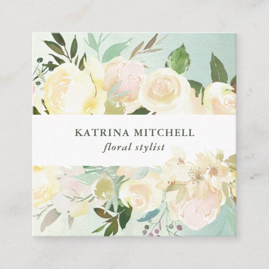 Ivory Floral | Zachte groene Waterverf Vierkante Visitekaartje (Voorkant)