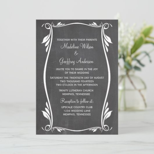 Ivory Flourish Chalkboard Wedding Invite Kaart (Staand voorkant)