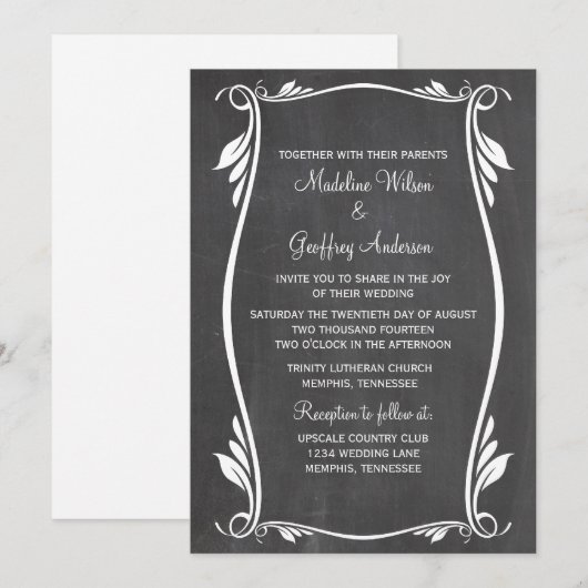 Ivory Flourish Chalkboard Wedding Invite Kaart (Voorkant / Achterkant)