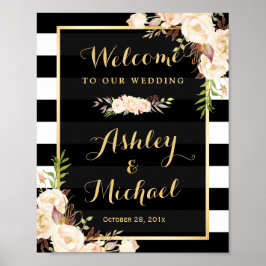 Ivory Flowers Black White Stripe Weddenschap Sign Poster