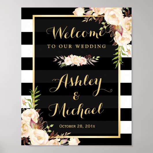 Ivory Flowers Black White Stripe Weddenschap Sign Poster (Voorkant)