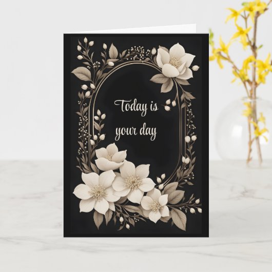 Ivory Flowers en Gold Lijst Verjaardag Kaart (Gele Bloem)