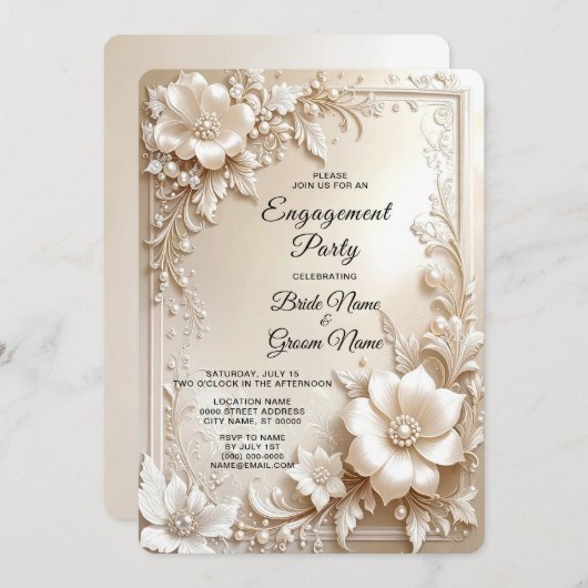 Ivory Flowers Engagement Invitation Kaart (Voorkant / Achterkant)