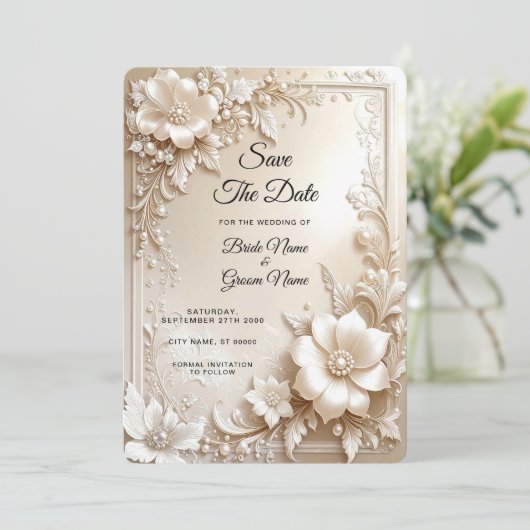 Ivory Flowers Save the Date (Staand voorkant)