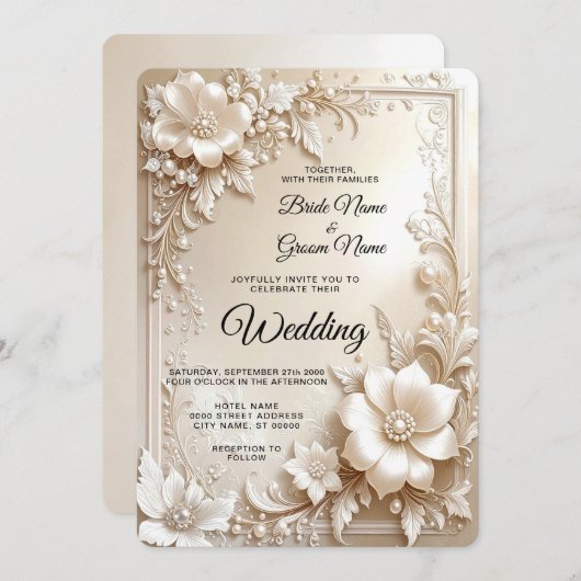 Ivory Flowers Wedding Invitation Kaart (Voorkant / Achterkant)