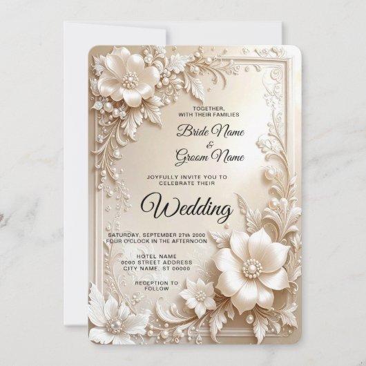 Ivory Flowers Wedding Invitation Kaart (Voorkant)