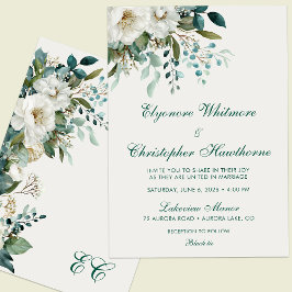 Ivory Forest Teal Script Floral Wedding Kaart