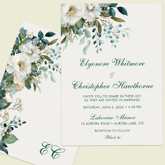 Ivory Forest Teal Script Floral Wedding Kaart