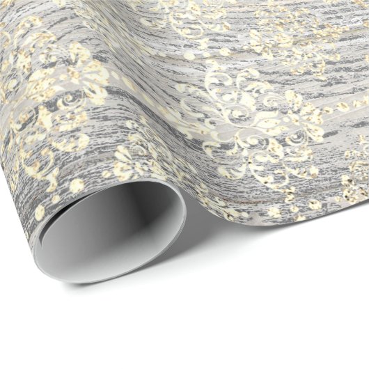 Ivory Foxier Metallic Damask Gold Wood Rustig Cadeaupapier (Rol Hoek)