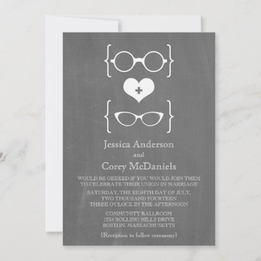 Ivory Geeky Glasses Chalkboard Wedding Invite Kaart (Voorkant)