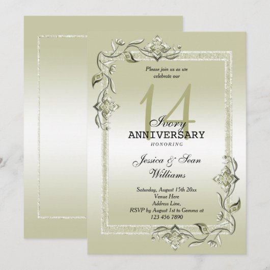 Ivory Gem & Glitter 14th Wedding Jubileum Kaart (Voorkant / Achterkant)
