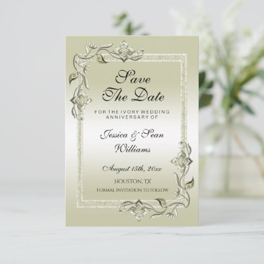 Ivory Gem & Glitter 14th Wedding Jubileum Save The Date (Staand voorkant)