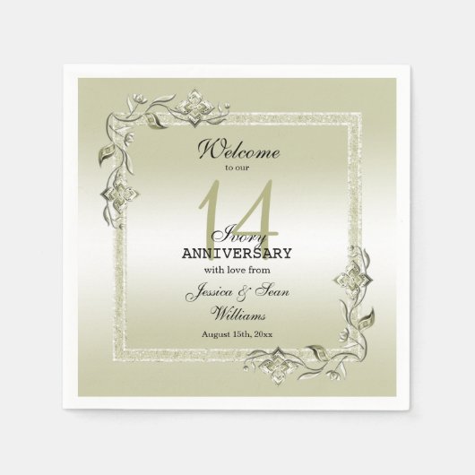 Ivory Gem & Glitter 14th Wedding Jubileum Servet (Voorkant)