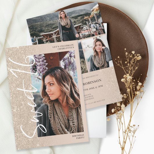 Ivory glitter ombre script 4 foto's Sweet 16 Kaart