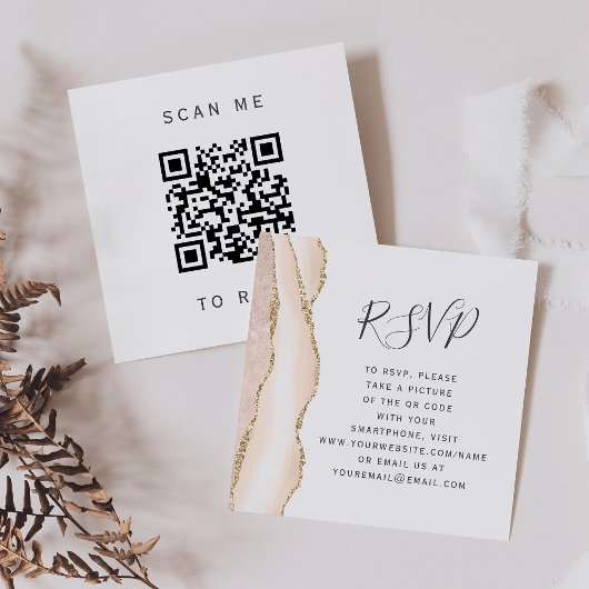 Ivory Gold Agate Trouw QR Code RSVP Informatiekaartje
