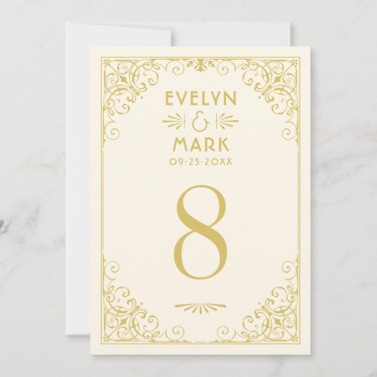  Ivory Gold Art Deco Wedding Table Number Kaart (Voorkant)