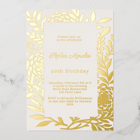 Ivory gold botanical luxury birthday folie uitnodiging (Voorkant)