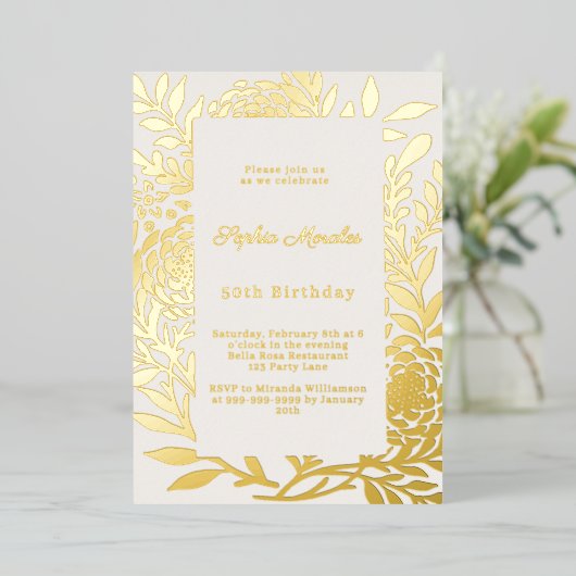 Ivory gold botanical luxury birthday folie uitnodiging (Staand Voorkant)