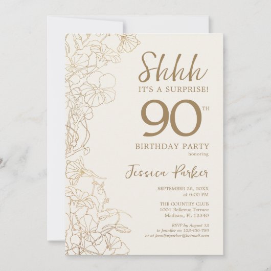 Ivory Gold Botanical Surprise 90th Birthday Kaart (Voorkant)