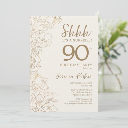 Ivory Gold Botanical Surprise 90th Birthday Kaart (Staand voorkant)