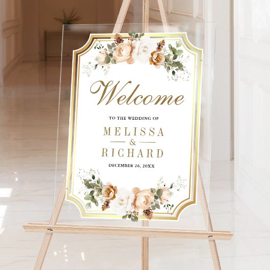 Ivory Gold Christmas Floral Wedding Welcome Acryl Bord