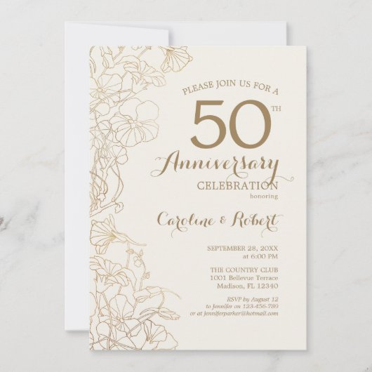 Ivory Gold Floral 50e Jubileum Kaart (Voorkant)