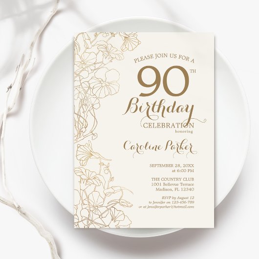 Ivory Gold Floral 90e verjaardag Kaart