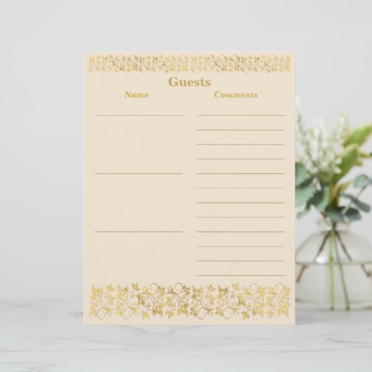 Ivory, Gold Floral Guest Book Paper (Staand voorkant)