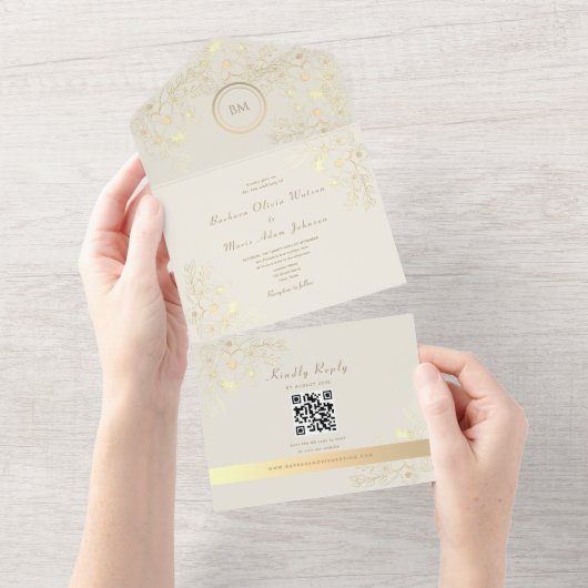 Ivory Gold Floral QR Code Wedding All In One Uitnodiging (Afscheurbaar)