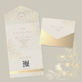 Ivory Gold Floral QR Code Wedding All In One Uitnodiging