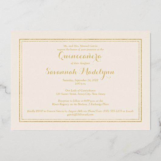 Ivory Gold Foil Silhouette Quinceañera Invite Folie Uitnodiging (Achterkant)
