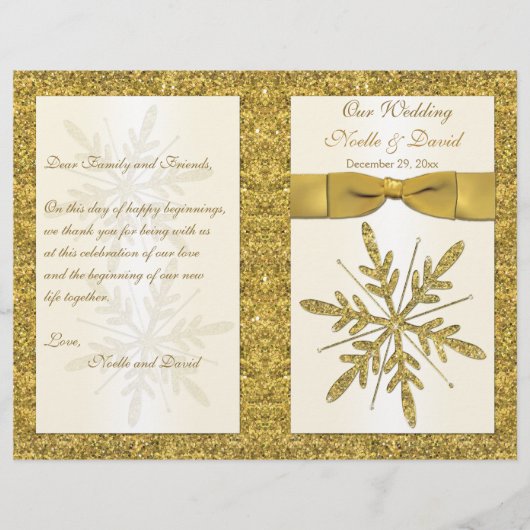 Ivory & Gold Glitter Snowflakes Weddenprogramma (Voorkant)