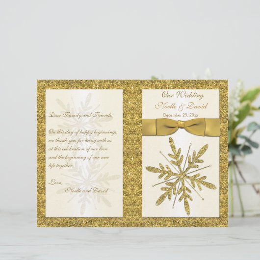 Ivory & Gold Glitter Snowflakes Weddenprogramma (Staand voorkant)