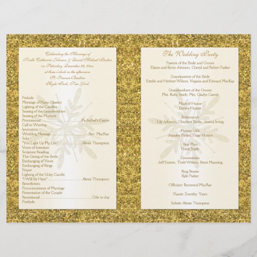 Ivory & Gold Glitter Snowflakes Weddenprogramma (Achterkant)