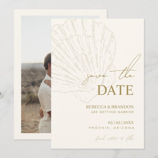 Ivory & Gold Hand Drawn Coastal Seashell Wedding Save The Date (Voorkant / Achterkant)