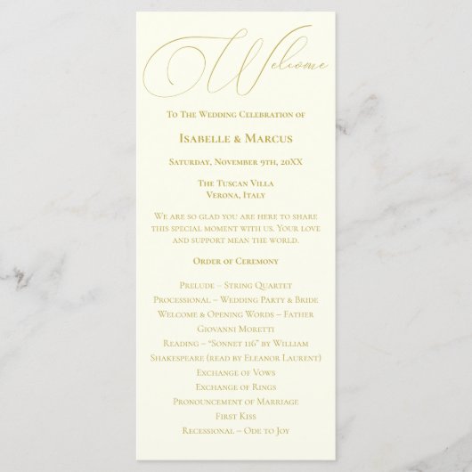 Ivory & Gold Huwelijksprogramma Programmakaart (Voorkant)