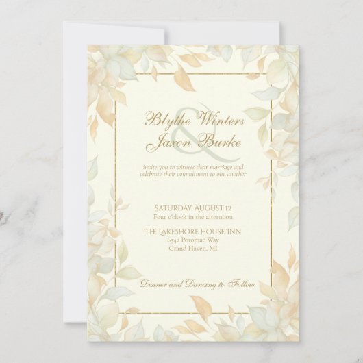 Ivory Gold Leafy Border Botanical Elegant Wedding Kaart (Voorkant)
