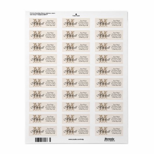 Ivory Gold Modern Monogram retouradres labels (Full Sheet)