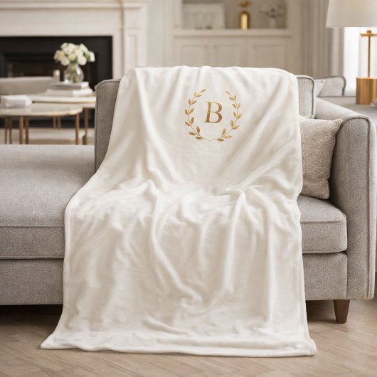 Ivory gold monogrammed wreath elegant fleece deken