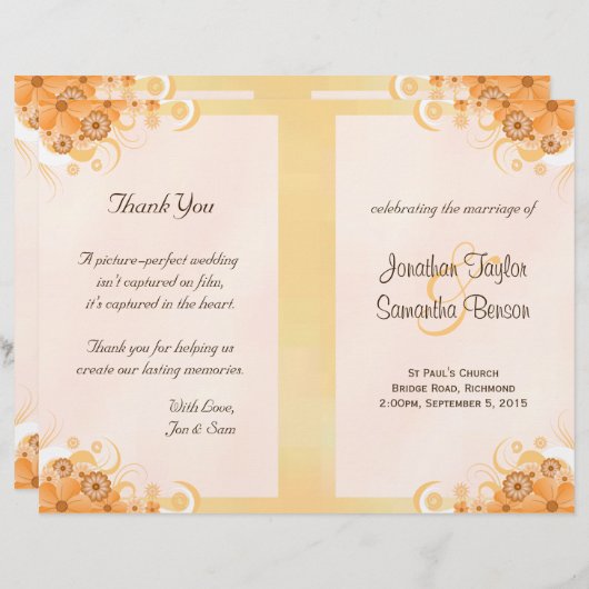 Ivory Gold Peach Floral Bi-Fold Wedding Programs (Voorkant / Achterkant)