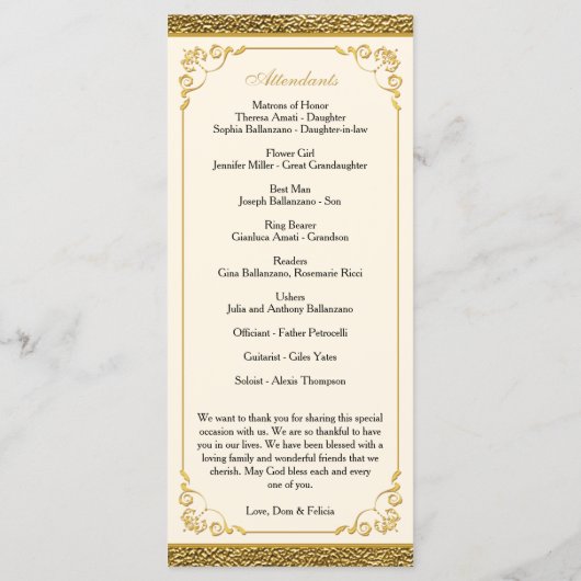 Ivory Gold Wedding Jubileum Vow Verlengingsprogram Programmakaart (Achterkant)