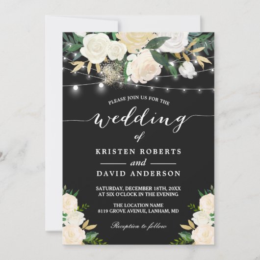 Ivory Gold White Floral String Lights Wedding Kaart (Voorkant)