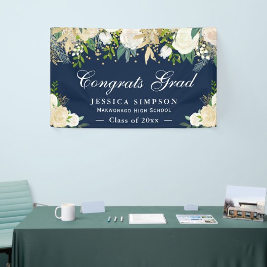 Ivory Golden Floral Modern Afstuderen Afstuderen Spandoek (Beurs)